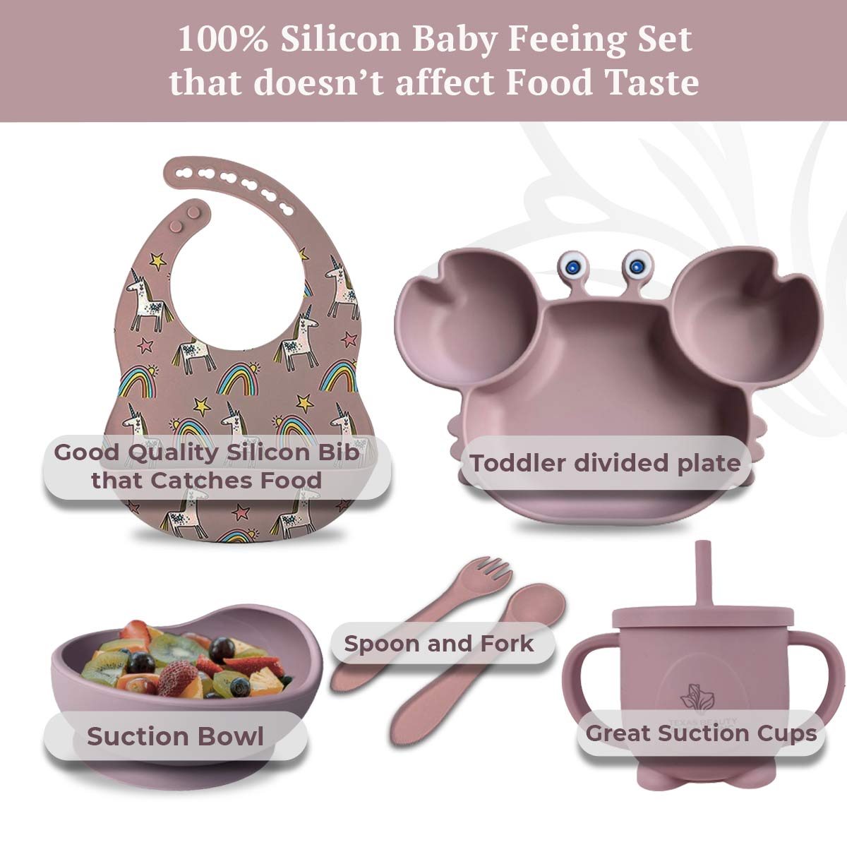 Texas Beauty & Health Rainbow Unicorn Dreams | Light Pink Silicone Baby Feeding Set for Girls | Suction Bowl, Divided Plate, Bib, Cup, Spoon, and Fork
