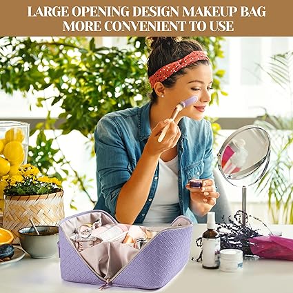 Travel Makeup Bag | Waterproof Portable Pouch | Open Flat Toiletry Bag Make up Organizer with Handle | Large Capacity | Purple Color