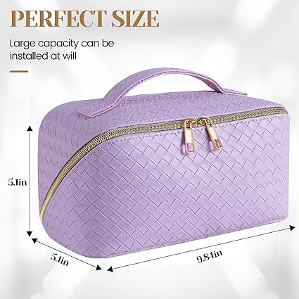 Travel Makeup Bag | Waterproof Portable Pouch | Open Flat Toiletry Bag Make up Organizer with Handle | Large Capacity | Purple Color