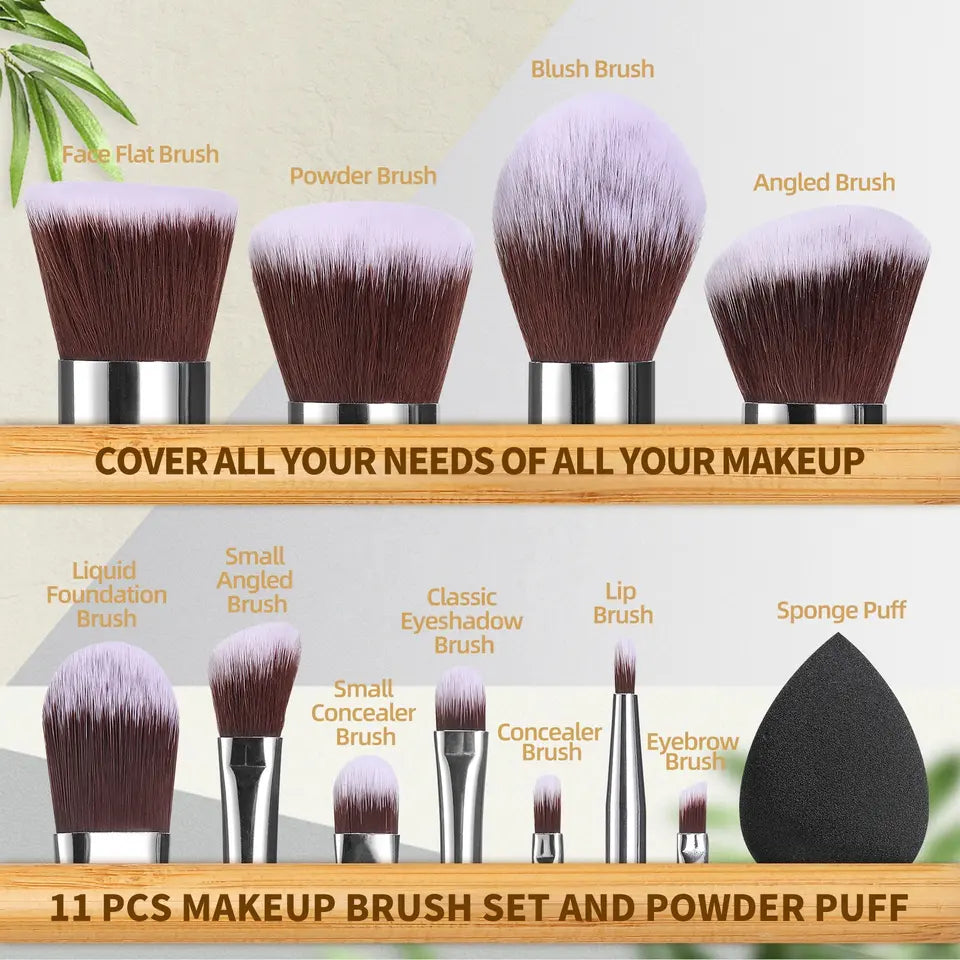 Vegan Cruelty Free Bamboo Makeup Brushes 11 PCS Bamboo Makeup Brushes with Makeup Sponge