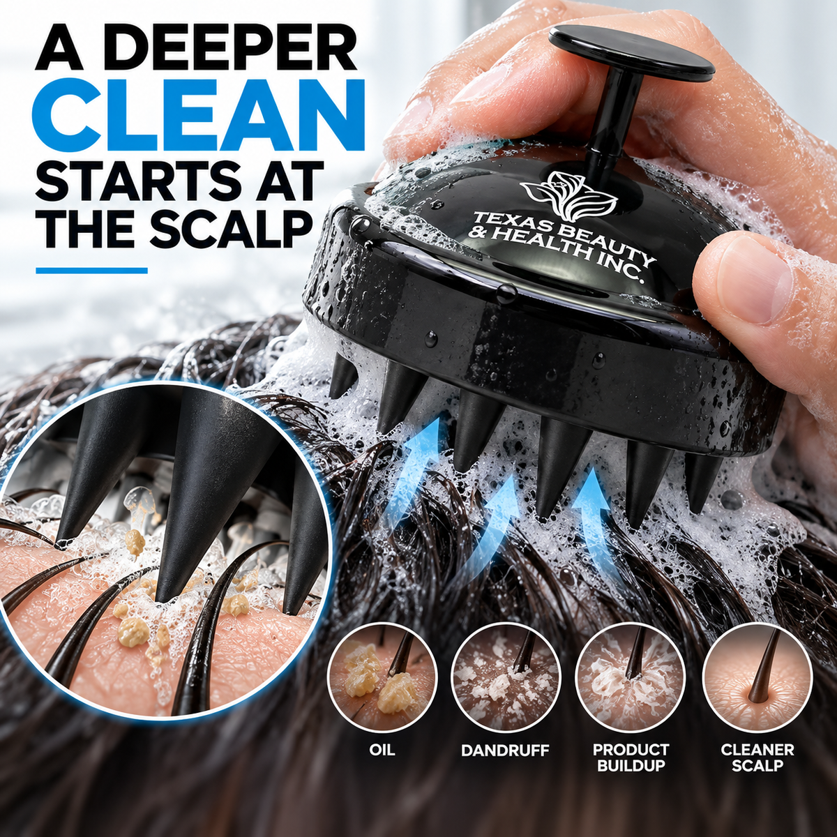 Texas Beauty & Health Scalp Massager Shampoo Brush, Massaging Scrubber with Soft Silicone Bristles for Hair Growth Support & Dandruff Removal (Black)
