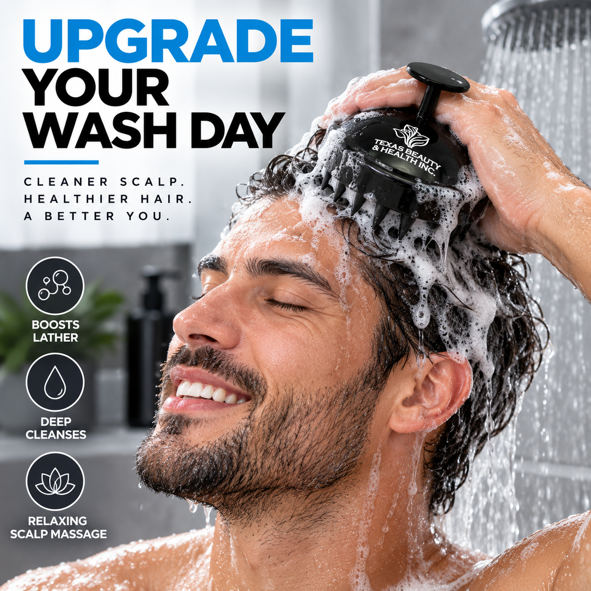 Texas Beauty & Health Scalp Massager Shampoo Brush, Massaging Scrubber with Soft Silicone Bristles for Hair Growth Support & Dandruff Removal (Black)