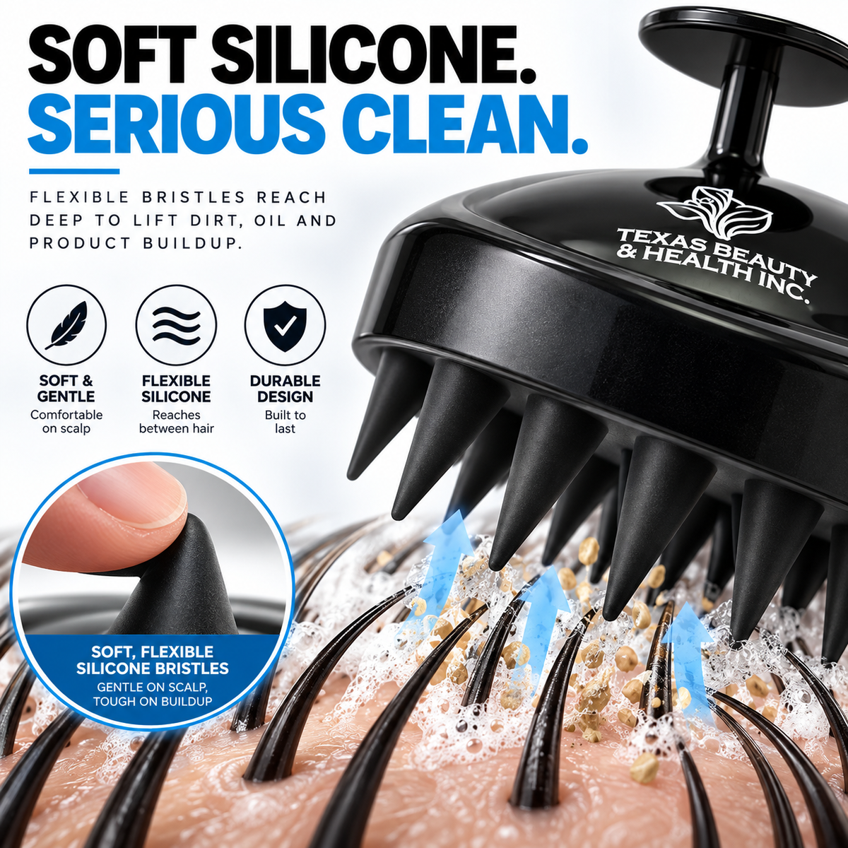 Texas Beauty & Health Scalp Massager Shampoo Brush, Massaging Scrubber with Soft Silicone Bristles for Hair Growth Support & Dandruff Removal (Black)