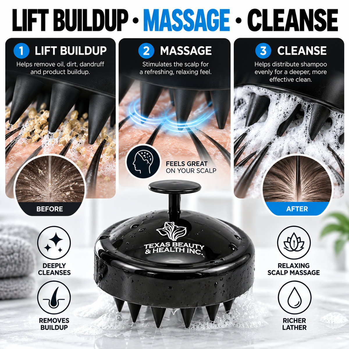 Texas Beauty & Health Scalp Massager Shampoo Brush, Massaging Scrubber with Soft Silicone Bristles for Hair Growth Support & Dandruff Removal (Black)
