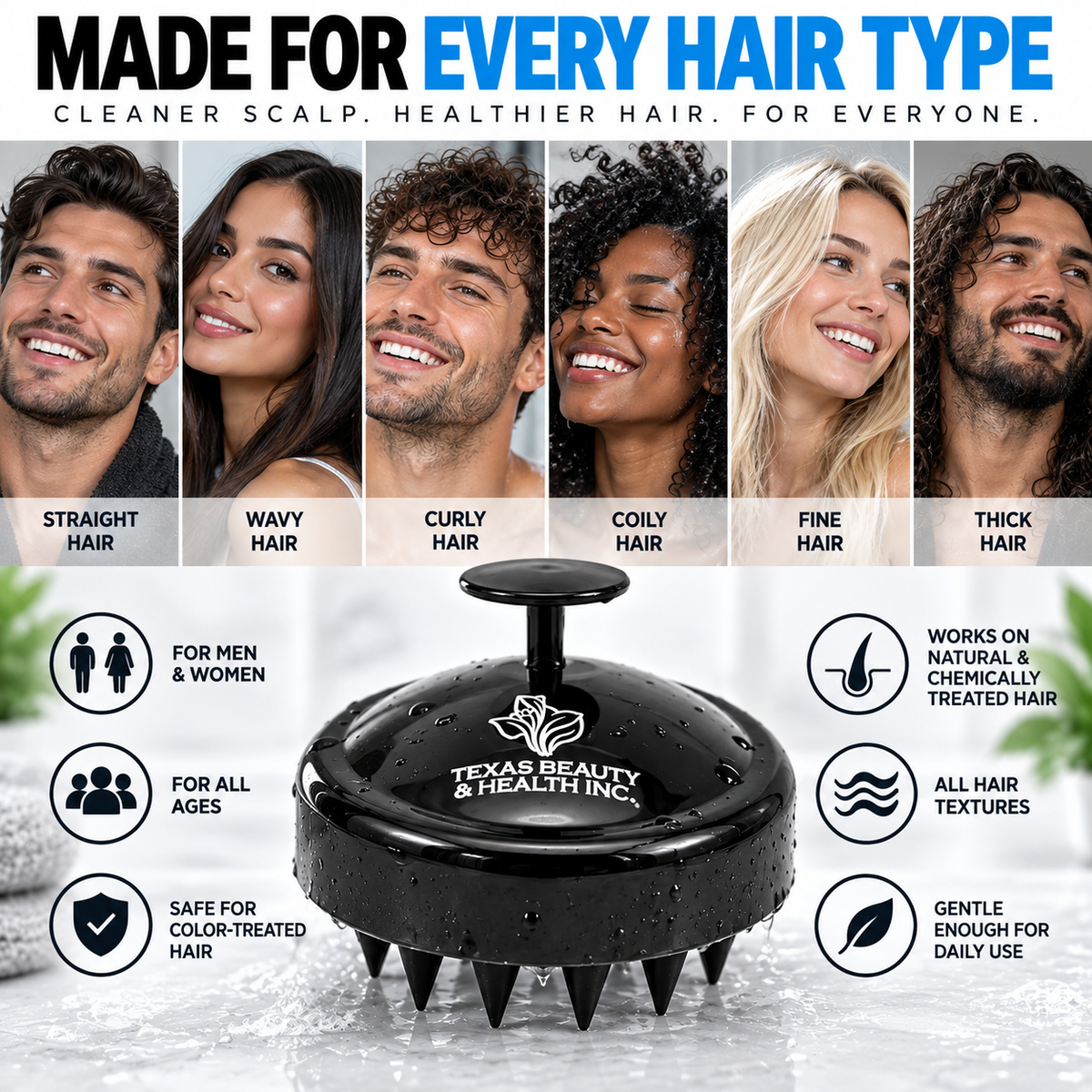 Texas Beauty & Health Scalp Massager Shampoo Brush, Massaging Scrubber with Soft Silicone Bristles for Hair Growth Support & Dandruff Removal (Black)