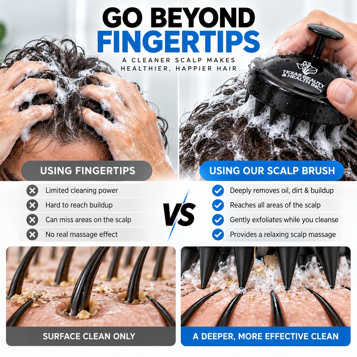 Texas Beauty & Health Scalp Massager Shampoo Brush, Massaging Scrubber with Soft Silicone Bristles for Hair Growth Support & Dandruff Removal (Black)