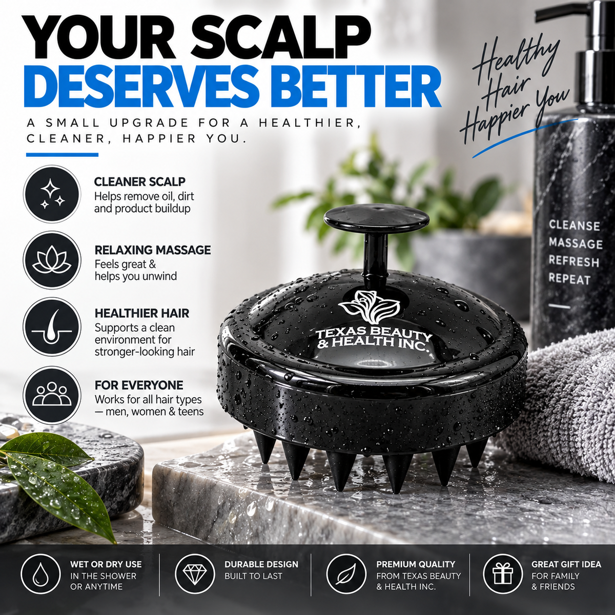 Texas Beauty & Health Scalp Massager Shampoo Brush, Massaging Scrubber with Soft Silicone Bristles for Hair Growth Support & Dandruff Removal (Black)